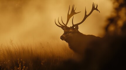 Majestic red deer stag with impressive antlers standing in foggy meadow, surrounded by tall grass and autumn foliage, soft golden light, ethereal atmosphere, grandeur, wildlife, serene landscape