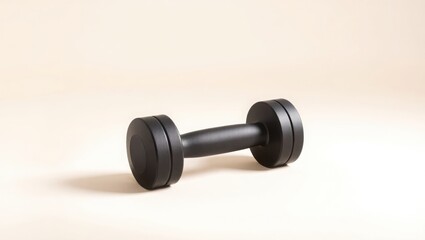 A single black dumbbell rests on a beige background