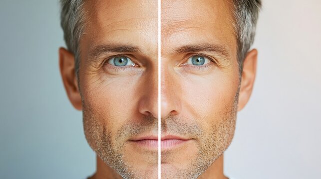 Mature man showing aging process and rejuvenation treatment effect on face