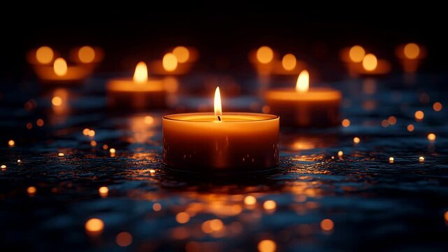 Atmospheric candle light scene, warm glowing flames, bokeh effect, dark moody background, serene and peaceful, perfect for meditation, relaxation, and spiritual content, calming visual
