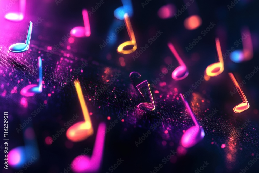 Aufkleber Colorful 3D music notes floating in a vibrant abstract space filled with glowing particles and soft lights. Generative AI