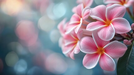 Fototapeta premium Pink frangipani flowers blooming on blurred background with bokeh effect