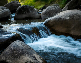 water flows over rocks in the river. background, nature