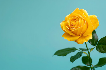 Fototapeta premium Bright yellow rose with green leaves against a light blue background