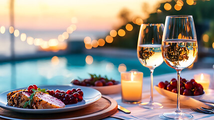 romantic dinner setup with wine glasses, delicious food, and candles by poolside at sunset creates warm, inviting atmosphere - Powered by Adobe