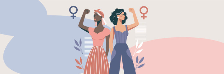 Women's day. March 8. Equality day. Vector banner different women with flowers and protest gesture stand together, fight for gender equality and empowerment. Suitable for feminism projects, website, s