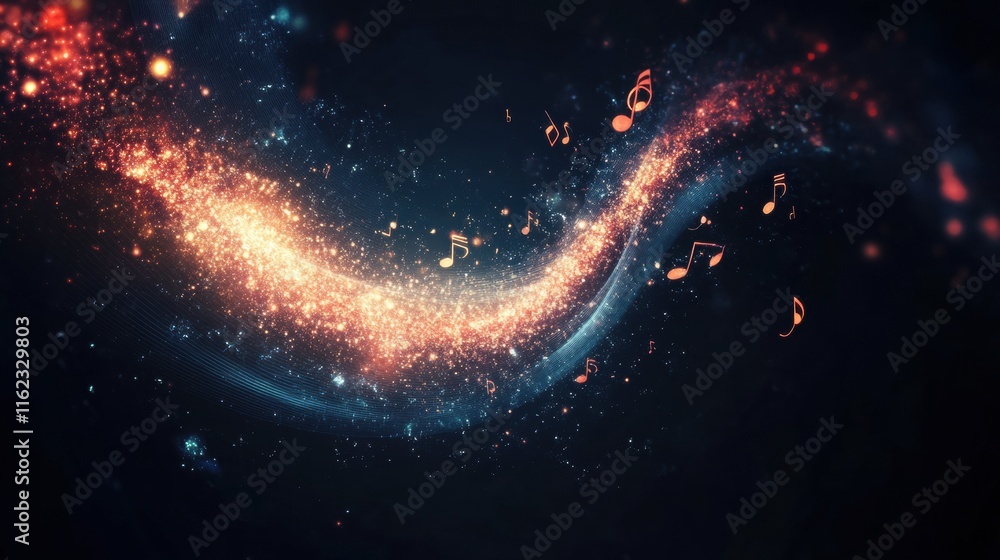 Poster 3d galaxy inspired sound wave spiral with sparkling stars and music notes in a cosmic setting. gener