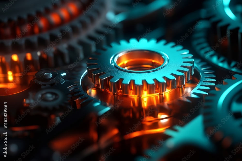 Aufkleber Gears rotating and connecting in a complex mechanism with orange and teal lighting