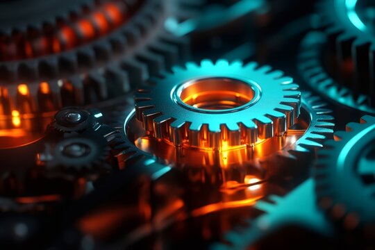 Gears rotating and connecting in a complex mechanism with orange and teal lighting