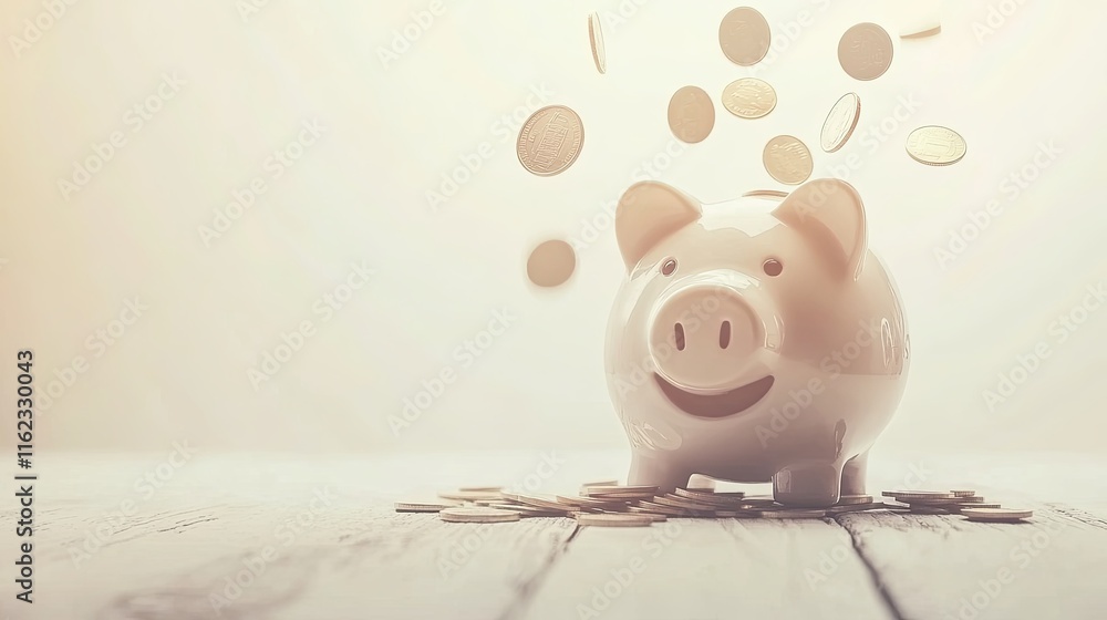 Wall mural Shattered Piggy Bank on Wooden Table with Coins Spilled, Depicting Financial Struggles and the Urgency for Smart Money Management Strategies