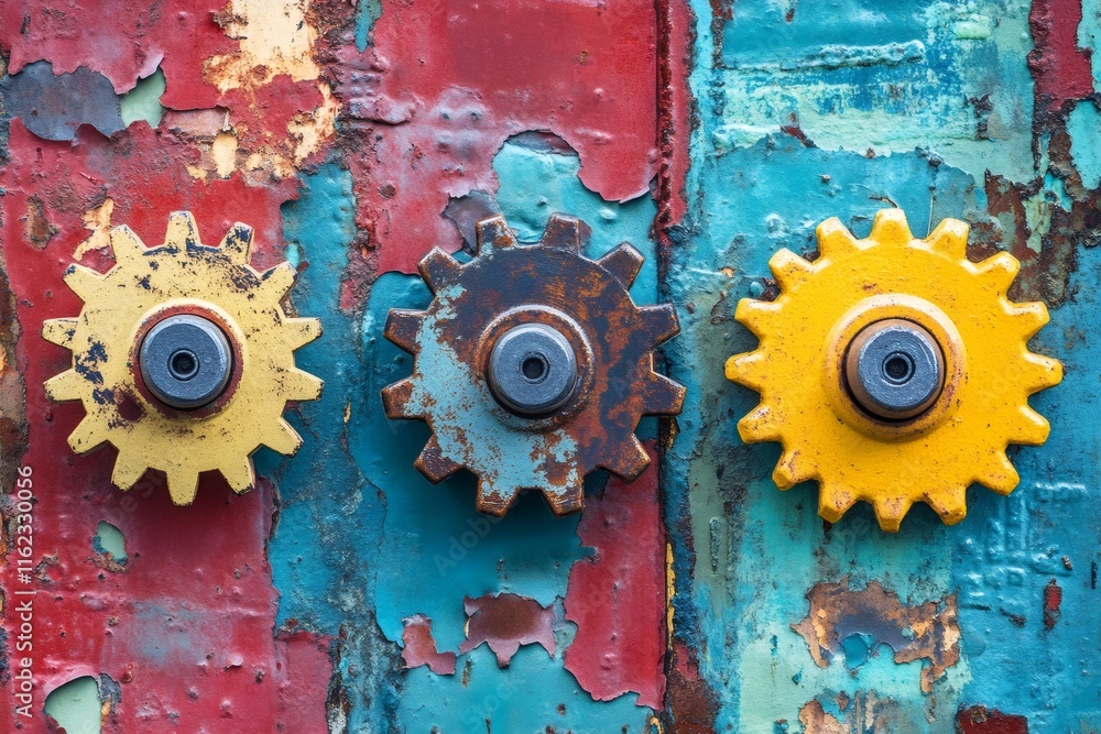 Poster three colorful gears fixed on a rusty metal surface