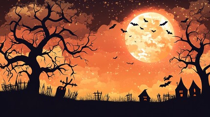 Halloween night skies, glowing full moon, spooky silhouettes, eerie clouds, vibrant stars, festive wonder.