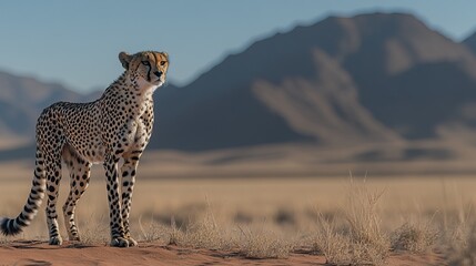 Obraz premium Majestic cheetah standing on red sand dunes of Sossusvlei in dry desert, clear blue sky backdrop, National Geographic style photography, wildlife, nature, high-resolution detail.