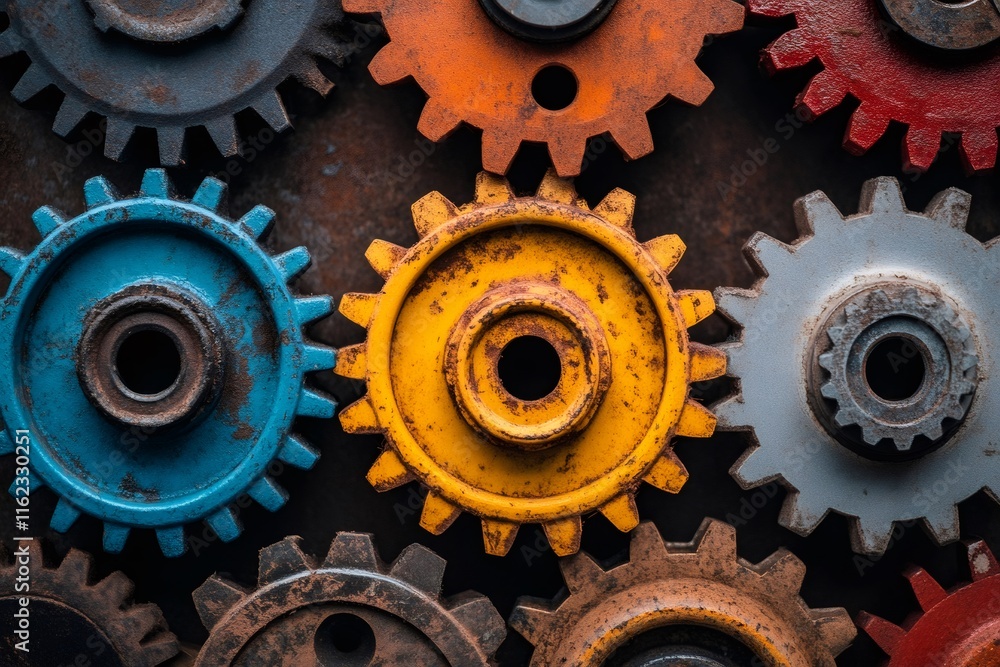 Aufkleber colorful interlocking gears working together in a complex mechanism