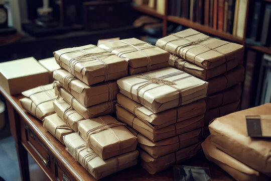 Stacks of neatly arranged brown packages tied with string on a wooden desk.