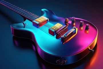Vibrant 3D guitar with colorful lighting emphasizing its design and features at a creative studio setup. Generative AI
