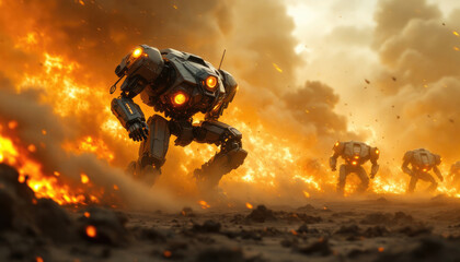 4k HD Wallpapers of The image depicts a futuristic battle robot with glowing orange eyes and a metallic body, charging through a fiery landscape. Video game wallpaper