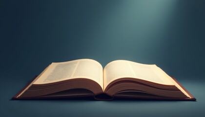 Open book radiating magic under shimmering lights in a tranquil blue backdrop