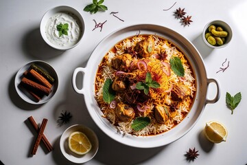 Traditional Indian Biryani Dish with Aromatic Spices and Garnished Rice on White, Top View

