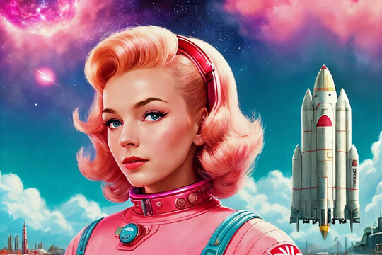 a beautiful astronaut girl posing against the background of a rocket and a landscape of the planet, an illustration in the style of the 60s