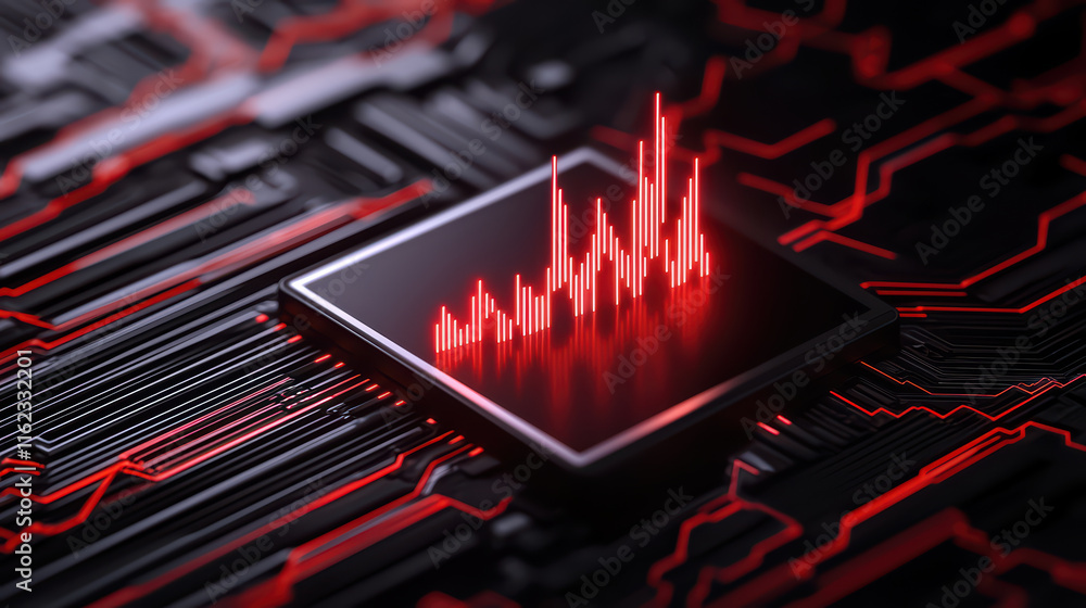Poster close up of digital investment concept with glowing red graph on circuit board, symbolizing growth a