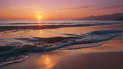 A peaceful wallpaper background featuring a panoramic view of a sandy beach as the sun sets, casting long shadows across the shore and creating a sense of tranquility