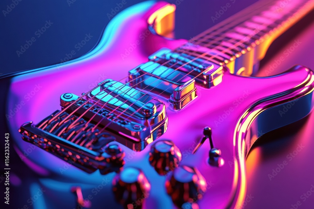 Poster Vibrant 3D guitar design with illuminated strings showcased in an artistic setting. Generative AI