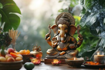 Golden ganesha statue with incense and offerings celebrating ganesh chaturthi