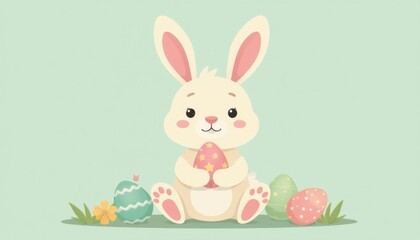 Cute Easter bunny happily surrounded by colorful decorated eggs in a cheerful spring setting