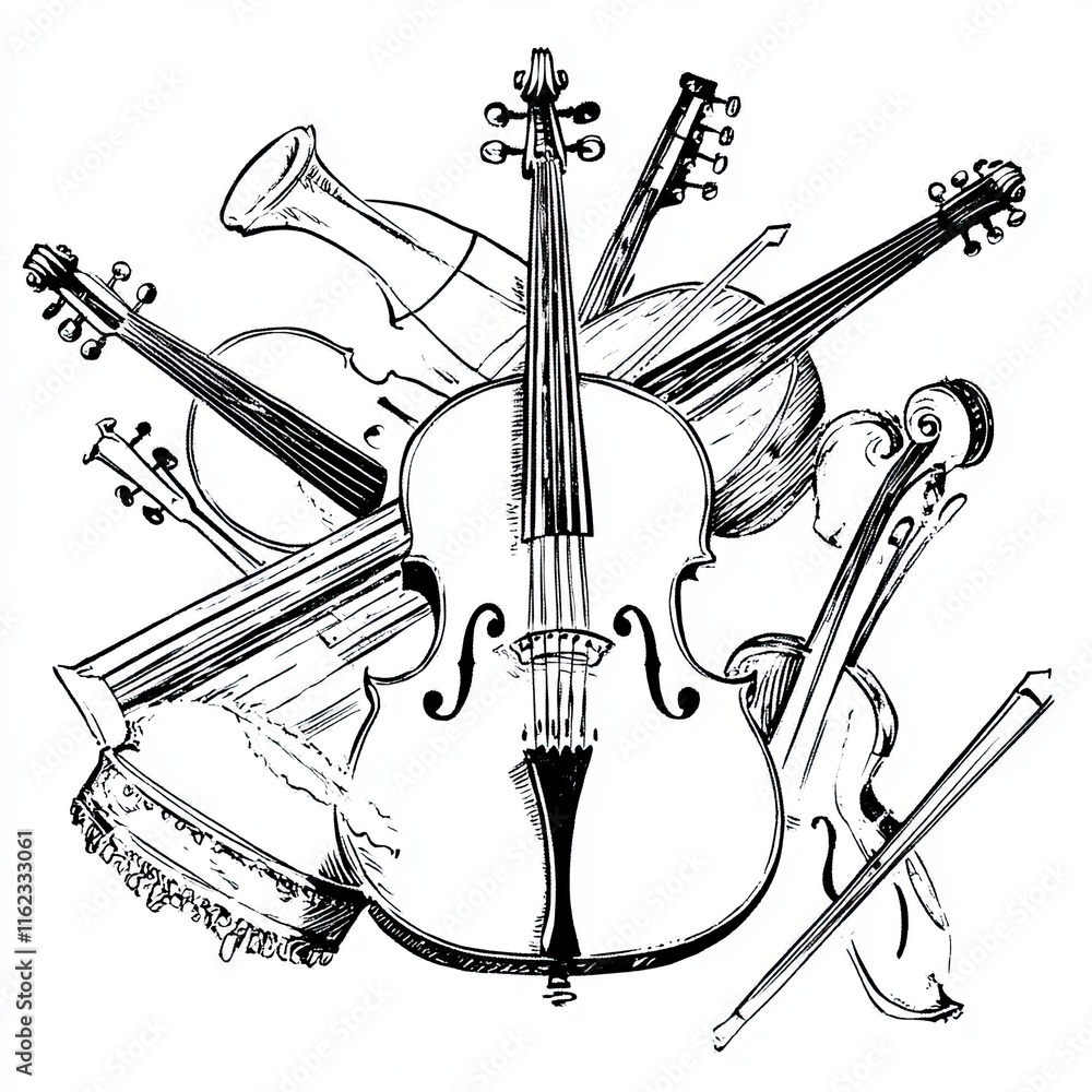 Poster creative arrangement of various musical instruments in a harmonious design for art lovers