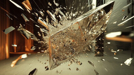 Exploding metallic shards evoke kinetic energy.
