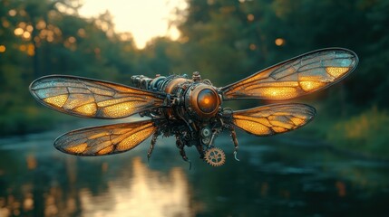 Fototapeta premium A steampunk-inspired mechanical insect hovers over a serene waterway at sunset.