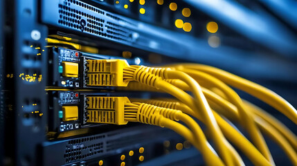 Naklejka premium High tech server with yellow fiber optic cables connected, showcasing modern network infrastructure