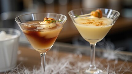 Two elegant cocktails with herbal garnishes.