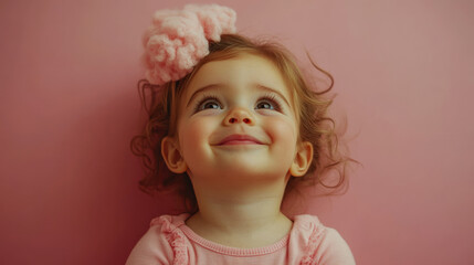 Fototapeta premium Child with curly hair and a large pink headband gazes upwards, smiling softly against a pink background. Concept: innocence, joy, and cuteness.