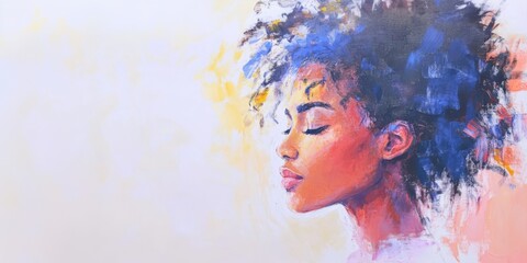 A vibrant portrait of an Afro woman. Her serene face captures beauty and artistic expression. Modern art with colorful texture on canvas, perfect for gallery displays.