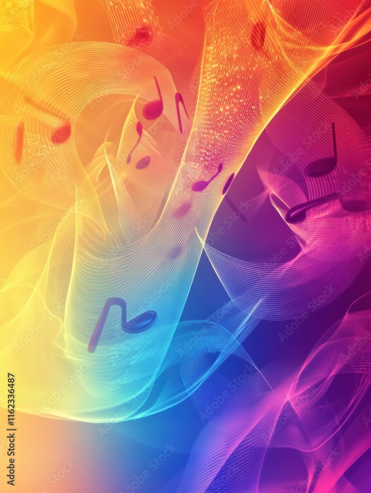 Leinwandbilder Colorful 3D music notes floating through vibrant abstract waves of color in a dynamic visual display. Generative AI
