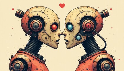 Robots encounter in an intimate moment showcasing technology and artistry of the future