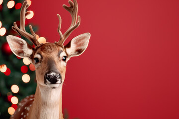Obraz premium Reindeer portrait with holiday decor in the background
