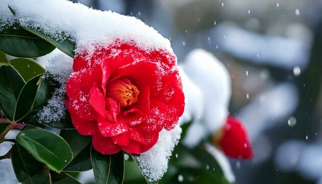 【椿】雪が降り積もった椿の花のアップ写真　大寒　