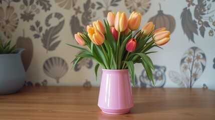 Pink tulips in a vase on a wooden table with floral wallpaper