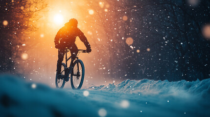 Cyclist in snowstorm illuminated by glowing orange light