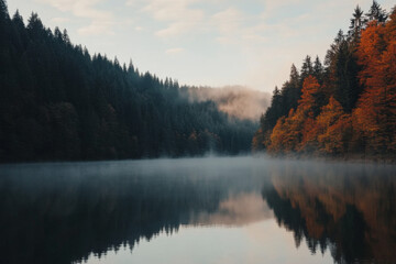 Fototapeta premium Calm lake surrounded by trees and mist during early morning in autumn