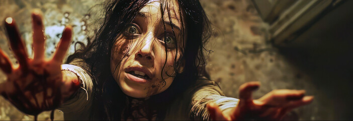 Terrified Woman Reaching Out in a Bloody Horror Scene