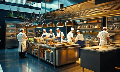 A bustling professional kitchen with chefs preparing various dishes.