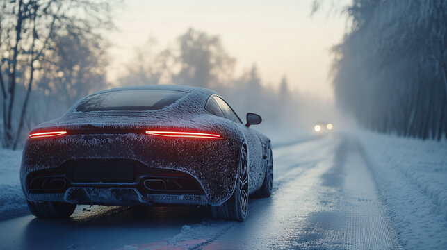 Rear view of luxury sports car on icy winter road