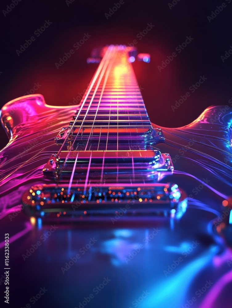 Poster vibrant 3d guitar under dynamic lighting effects showcasing intricate details and craftsmanship. gen