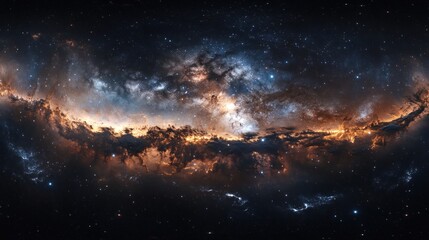 Fototapeta premium Cosmic nebula with orange and blue hues, stars, and gas clouds in deep space.
