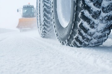 close-up of snow chains on snowplow tire gripping icy pavement with thick snow being cleared in foreground