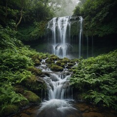 Obraz premium A cascading waterfall forming the shape of a heart, surrounded by lush greenery and soft mist.